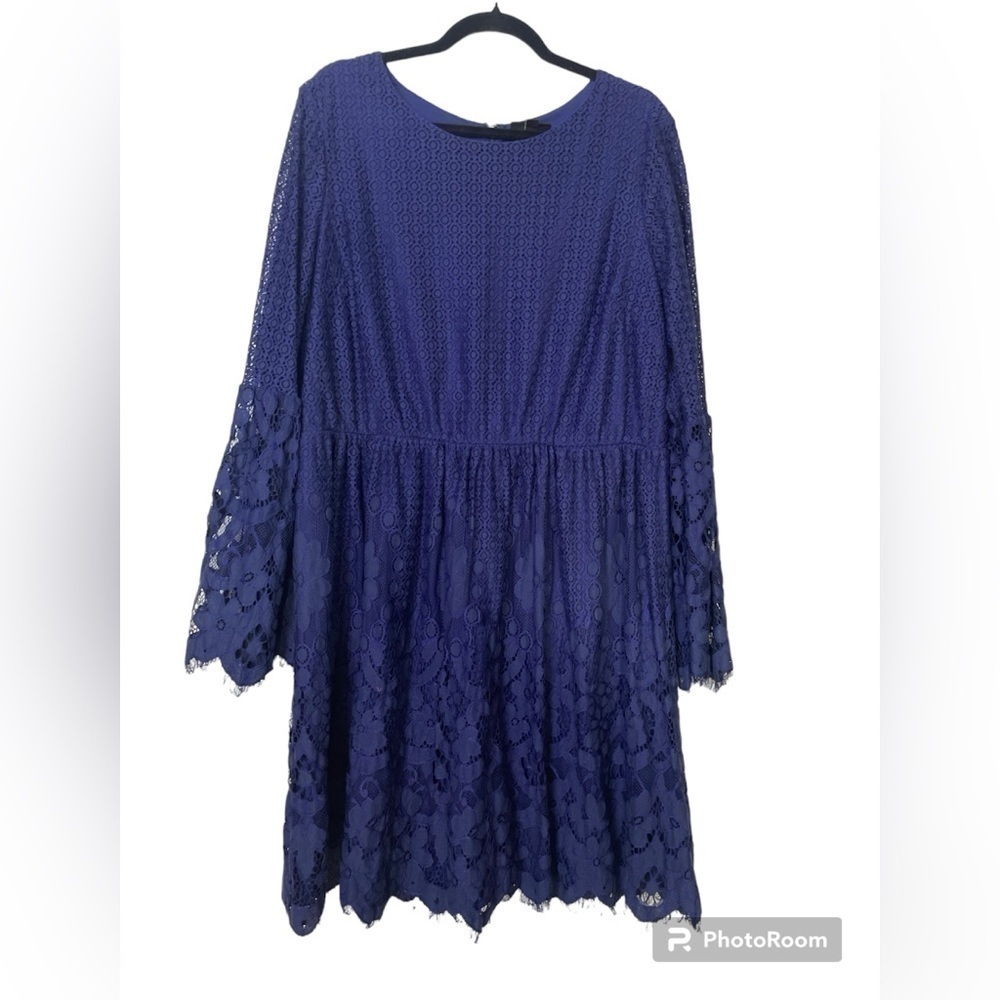Lane Bryant Blue Lace Feminine Party Holiday Dress with Bell Sleeves Size 16 - Picture 15 of 16